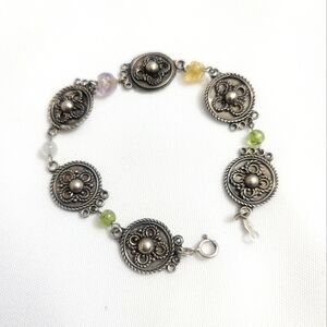 Vintage Sterling Silver With Multi Natural Stones Bracelet Length 7" Inch